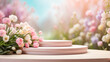 Podium for demonstration and montage of product with delicate floral spring decor. Spring time background, blooming, birthday, March 8, Easter, women's day, wedding. Copy space