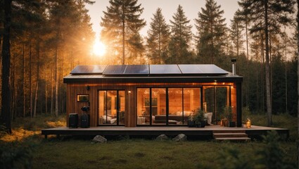 The roof of a modern house with eco-friendly solar panels in harmony with nature, ecology, saving natural resources, alternative energy source