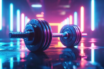 neon cyberpunk style background with gym dumbbell in foreground