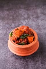 Poster - Fried chicken Kebab or Kabab, Chicken Tikka Masala dark black background Bangalore Hyderabad South India. Top view of Indian non veg food.