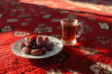 dates fruits and cup tea sweet for breaking the fasting when ramadan month on red carpet arabian 