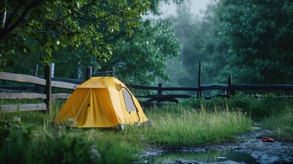 Wall Mural - Camp tent on green grass forest beautiful view nature