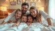 © ProstoSvet - family in a hotel room on a bed. Family vacation concept