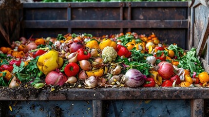 Expired Organic bio waste. Mix Vegetables and fruits in a huge container, in a rubbish bin.