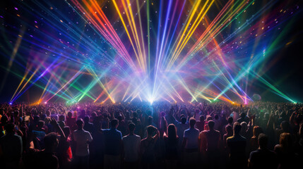 Wall Mural - Crowd of dancing people on rave, in nightclub or disco party, laser show, colorful lights