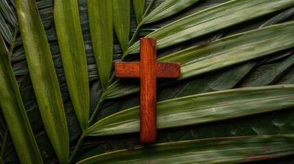 Wall Mural - Palm Sunday. Cross and Palm Leaf with copy space. Christian feast