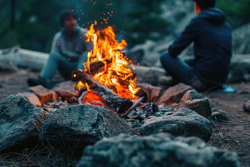 Closeup Portrait of 2 friends sitting at a warm campfire,professional photography