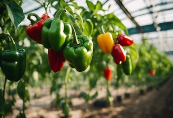 Wall Mural - Growing sweet peppers in a greenhouse close-up in sunlight Fresh juicy red green peppers on branches