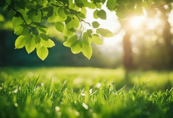 Spring summer background with frame of grass and leaves on nature Juicy lush green grass on meadow i