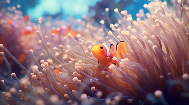 camouflaged beauty showcase a clownfish perfectly camouflaged within the anemone, blending in seamle