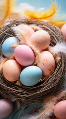 Wall Mural - Easter Delight: A Nest of Pastel-Colored Eggs and Soft Feathers