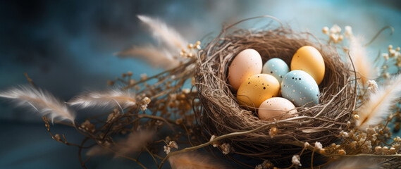 Wall Mural - A Whimsical Easter: Nest with Colorful, Speckled Eggs Amidst Spring Blossoms