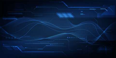 Wall Mural - Vector illustration of futuristic digital technology background.Horizontal digital space with glowing dot pattern and tech circuits network and grid area for advertising and game graphic artwork.