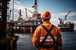 © dobok - engineer man stand in front of ocean oil rig, Generative AI