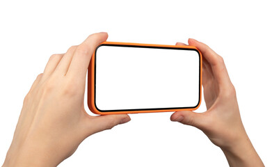 hands hold mobile phone screen mockup, horizontal smartphone display mock up isolated on white