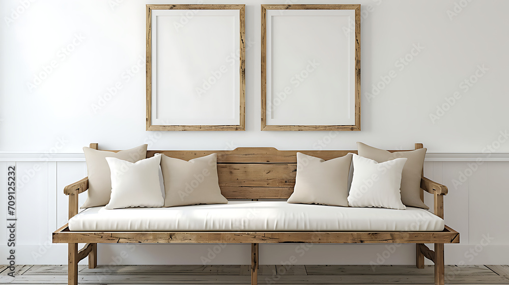 Wooden rustic bench with pillows against wall with two poster frames ...