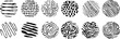 Black round stickers with various hand-drawn pencil crosshatch textures. Vector Naive Doodle Patterns. Design elements for social media posts