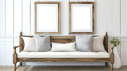 Wooden rustic bench with pillows against wall with two poster frames. Country farmhouse interior design of modern home entryway