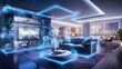 © Ziyan Yang - a concept art of a digital holographic artificial intelligence (ai) smart technology in a house and a flat. modern living room with blue and white virtual reality interface and icons. 