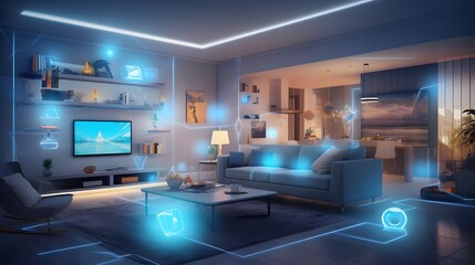 a concept art of a digital holographic artificial intelligence (ai) smart technology in a house and a flat. modern living room with blue and white virtual reality interface and icons. 