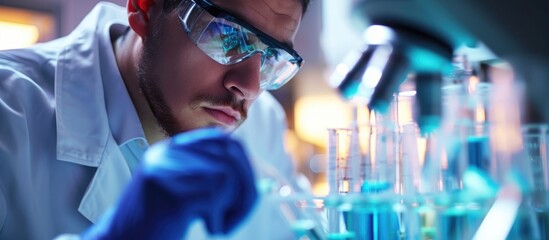 Wall Mural - lab experiment with researcher examining sample in test tube.