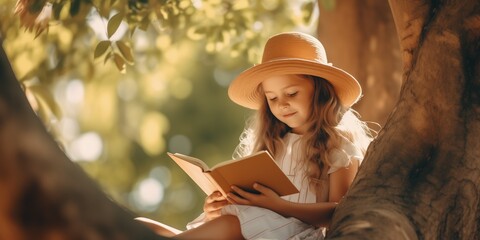Sticker - A cute little girl in a straw hat reading a book