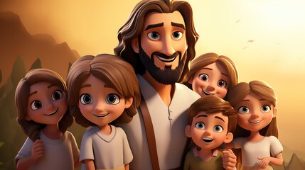 Wall Mural - Jesus with Children Cartoon Style