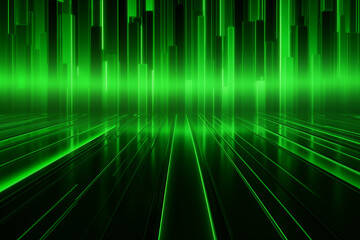 Wall Mural - Geometric background with green neon light in technology concept.