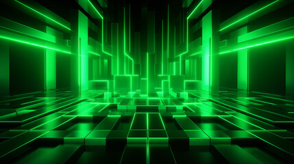 Wall Mural - Geometric background with green neon light in technology concept.