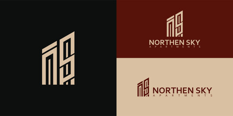 abstract initial letter N and S logo in gold color isolated in black background applied for real estate development logo design also suitable for the brand or company that has initial name NS or SN