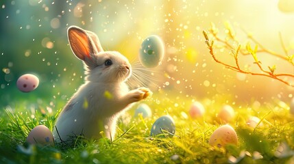 Wall Mural - Cute fluffy Easter bunny catching heavenly easter eggs in spring grass