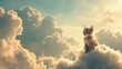 Cat sitting on a white cloud in the sky, kitten in heaven, reincarnation after life