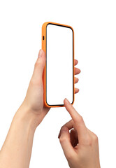 Finger tapping smartphone mockup, mobile phone screen. Hand holding cellphone isolated on white