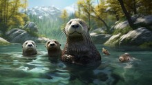 In This Realistic 3D Render, A Family Of Otters Plays In A Clear Stream, Their Playful Antics Bringing Joy To The Scene