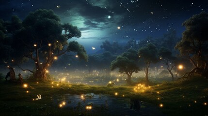 Wall Mural - in this realistic 3d render, a field of fireflies illuminates the night, creating a magical and ench