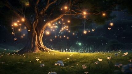 Wall Mural - in this realistic 3d render, a field of fireflies illuminates the night, creating a magical and ench