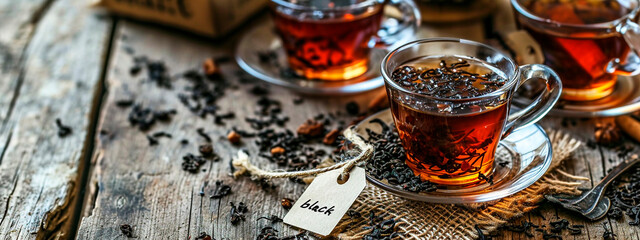 Wall Mural - black tea in a cup on the table. Selective focus.