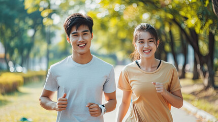 Asian male and female couple Exercise in the outdoor park in the morning. They are healthy, smiling and happy. fitness concept, health care