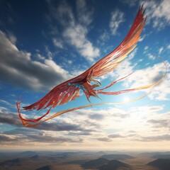 Wall Mural - in this realistic 3d render, a kite soars high in the sky, its tail trailing behind in the wind.