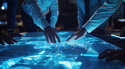 Wall Mural - Engineer, Scientists and Developers Gathered Around Illuminated Conference Table in Technology Research Center, Talking, Finding Solution and Analysing Industrial Engine Design. Close-up Hands Shot