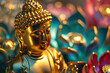 close up view of glowing golden buddha and 3d multicolored lotus flowers three-dimensional