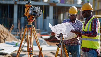 multi-ethnic construction workers looking at blueprints construction engineers with architects at th