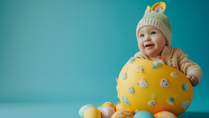 Wall Mural - little child playing with easter bunny.happy easter postcard.