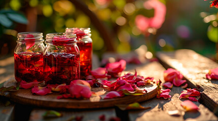 Wall Mural - Rose petals jam in a jar. Selective focus.