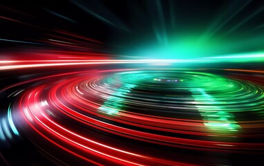 Canvas Print - Abstract technology futuristic neon circle glowing silver, green and red light lines with speed motion blur effect on backgroun. generative ai