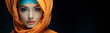 Elegance in Orange: A Slavic Woman Wearing a Hijab with Intricate Folds and Wraps. Banner with Copy Space