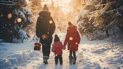 Wall Mural - Rear view of family with two small children in winter nature, walking in the snow.