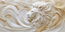 Regal Lion In Savannah Scene - White And Gold Wallpaper Illustration With Sculpting Aesthetic
