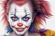Portrait Of Scary Crazy Looking Maniac Woman Killer Clown With Make-up And Big Red Nose With Colorful Hair And Joker Outfit.
