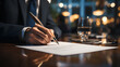 Man signing contract - signature on contract - conference room table. - making a deal - contractual agreement 
